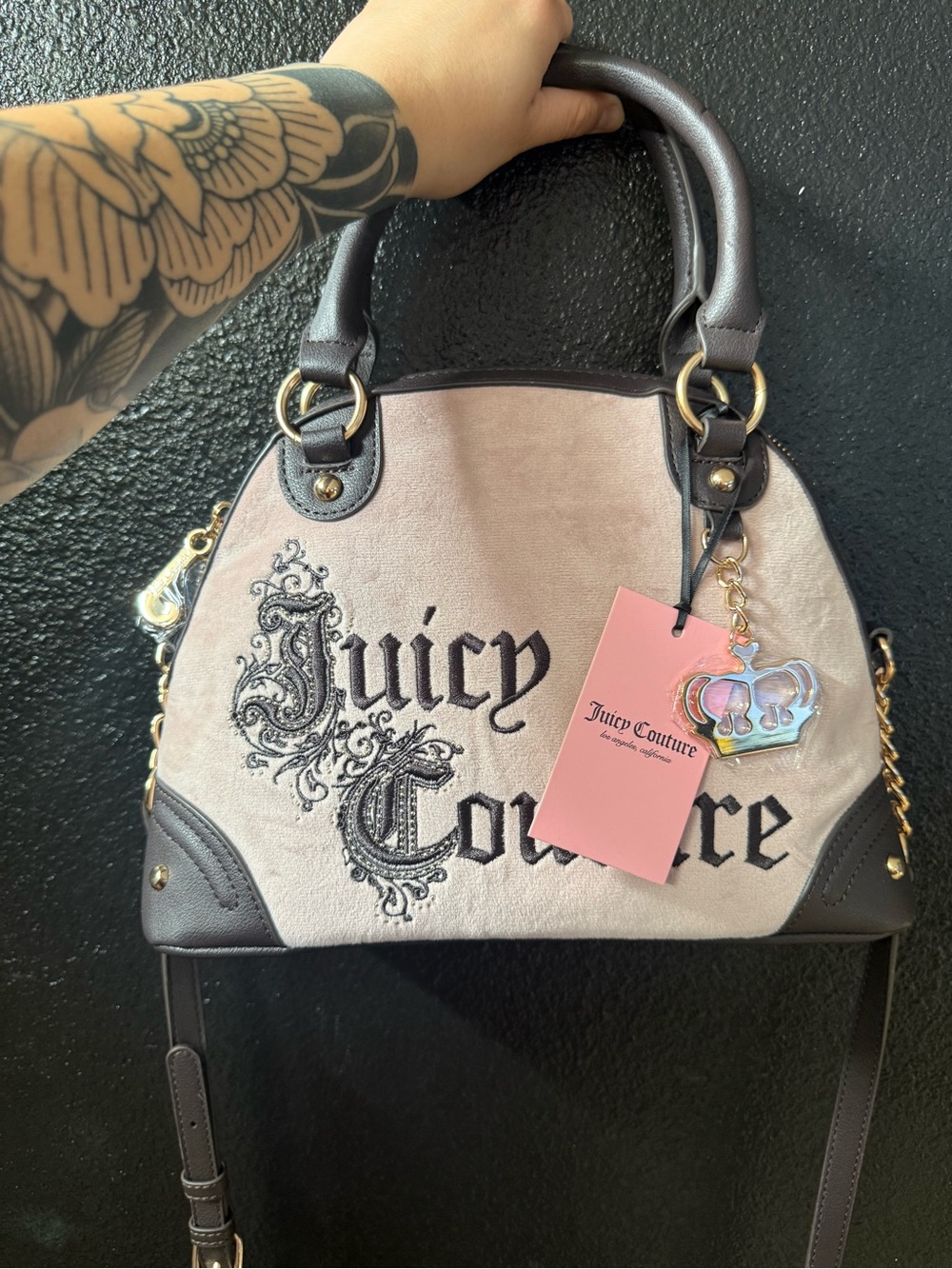 Juicy Couture Blush Pink and Dark Brown Embroidered Satchel